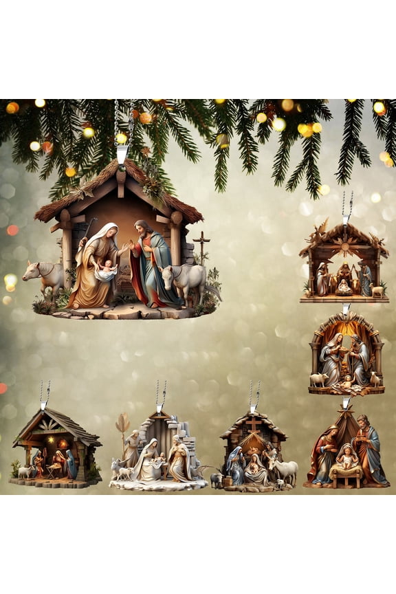 7Pcs Christmas Tree Decorations, 3D Printing Effect Acrylic Keychain Decorative, Pendant Car Ornaments Rearview Mirror Hanging Religious Supplies