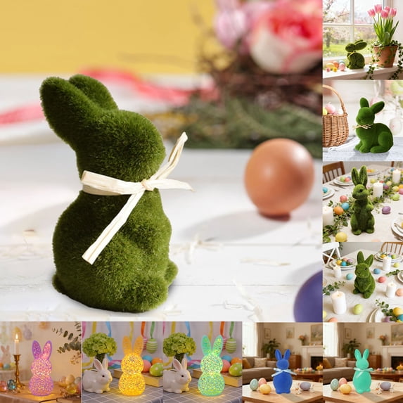 GFHFHITJ Easter Bunny Decorations, 3.7" Green Fuzzy Flocked Bunny Spring Decor, Artificial Moss Rabbit Figurines for Indoor Table Home, Kitchen, Shelf Decorations