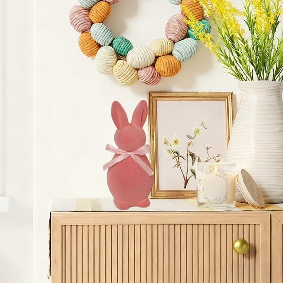 GFHFHITJ Easter Bunny, Spring Flocked Bunny Easter Decorations with Bow Ties, Cute Rabbit Figurine for Easter Centerpieces, Spring Home Tabletop Shelf Decor & Seasonal Gift(Pink)