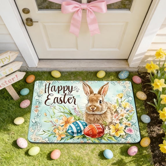 GFHFHITJ Easter Door Mat, Welcome Easter Bunny Egg Front Door Mat, No-Slip Entrance Porch Rugs for Vintage Rustic Yard Home Party Decor