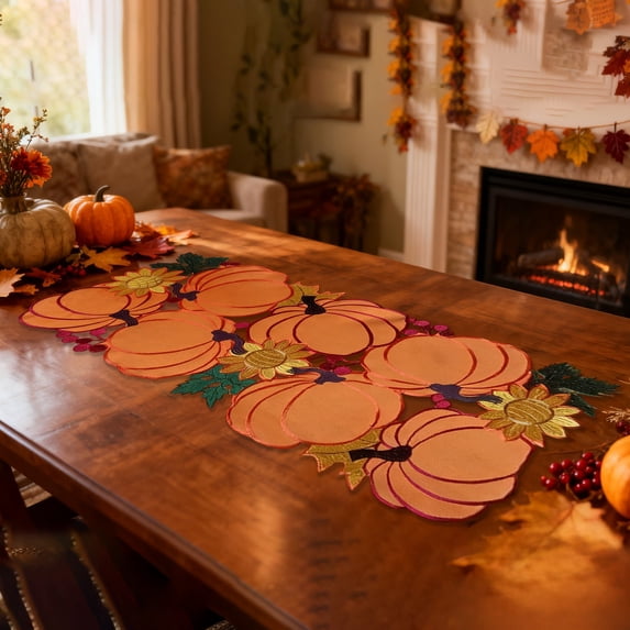 GFHFHITJ Fall Pumpkin Table Runner, Embroidered Hollow Cut Table Mat, 16.93 or 33.46 Inch Thanksgiving Fall Home Decorations for Kitchen Dining Hall
