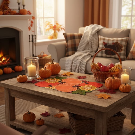 GFHFHITJ Fall Pumpkin Table Runner, Embroidered Hollow Cut Table Mat, 16.93 or 33.46 Inch Thanksgiving Fall Home Decorations for Kitchen Dining Hall