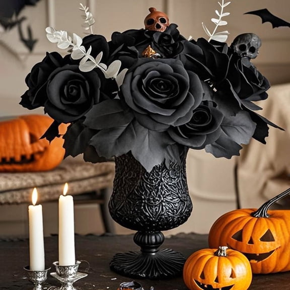 GFHFHITJ Halloween Black Roses Artificial Flowers, All Black Faux Fake Silk Rose Black Flowers for Bridal Bouquet Gothic Wedding Decor Crafts