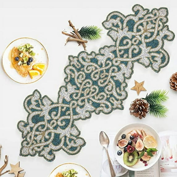 GFI LINEN CLUB Hand Made Beaded Table Runner White Red Gold Home Decor Mat for Wedding Party Family Gathering 13 Inches x 36 Inches