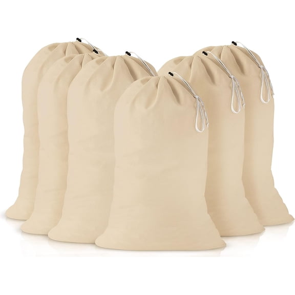 GFI LINEN CLUBS 6 Pack Canvas Laundry Bags 100% Cotton, Drawstring Closure, 50 x 50 cm (28 L) Machine Washable Laundry Liners for Hampers