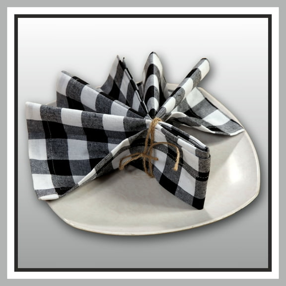 GFI LINEN CLUBS Cotton Gingham Check Pre-Washed Dinner Napkins 18X18, Pack of 12, Colour Black & White with 1 Inch Decorative Selvedge Meter Cornered Finish
