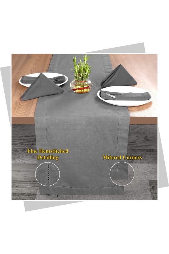 Cotton Slub  Hemstitched Table Runner - Charcoal-16x108 with 2 inch fold