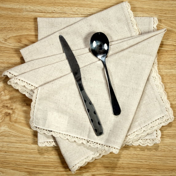 GFI LINEN CLUBS Reusable Washable Flax Cotton Dinner Napkins with Decorative Lace - Natural - 20x20 Inch - Pack of 12
