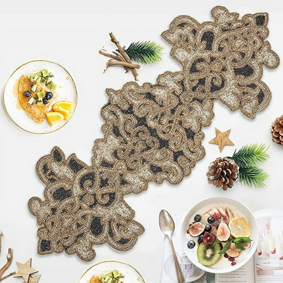 GFI LINEN CLUBS Hand Made Beaded Table Runner / Home Decor Mat in Gold, Charcoal & Silver, 13 x 36 Inches, Pack of 1, Produced by Village Artisans in India