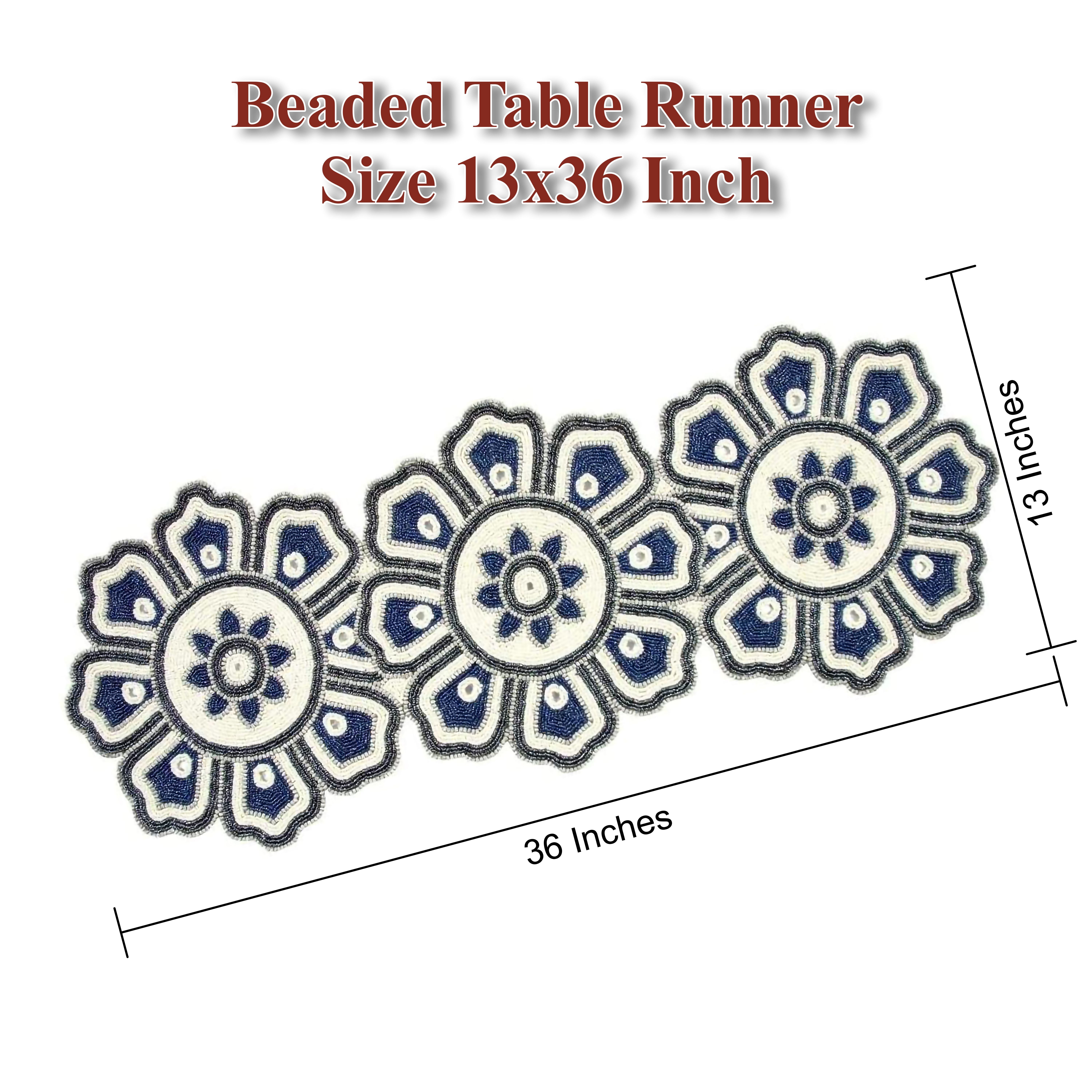 GFI LINEN CLUBS Hand Made Beaded Table Runner/ Home Decor Mat in Navy, Charcoal & Ivory Colour, 13 x 36 Inches, Pack of 1, Produced by Village Artisans in India