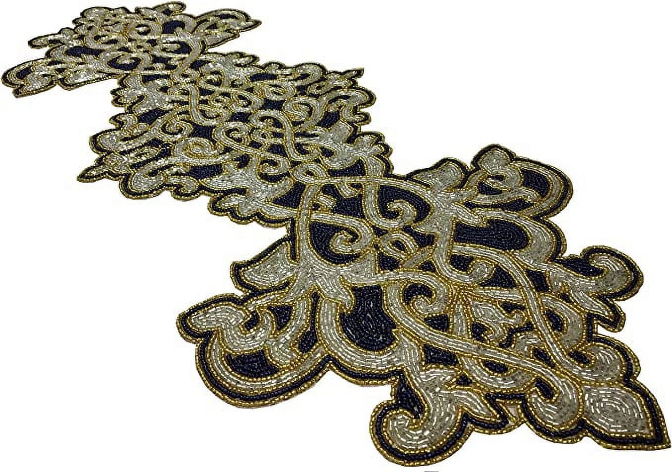 GFI LINEN CLUBS Hand Made Beaded Table Runner/ Home Decor Mat in Navy, Gold & Silver, Measures 13 x 36 Inches, Pack of 1, Produced by Village Artisans in India