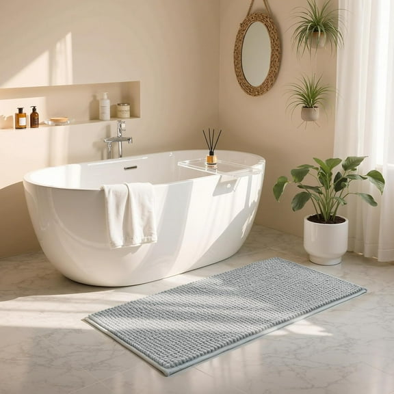 GFJASH-Bathroom Rugs, 24" x 55" Chenille Bath Rug Soft Short Plush Bath Mat Soft Shower Mat Water Absorbent Shower Mat Quick Dry Machine Washable, Light Gray