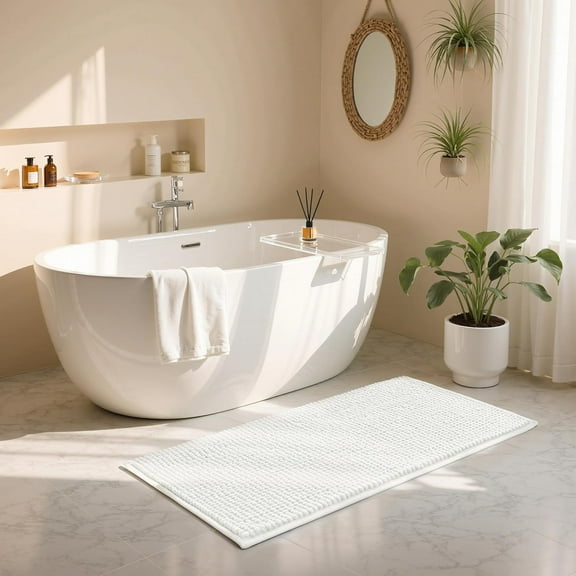 GFJASH-Bathroom Rugs, 24" x 55" Chenille Bath Rug Soft Short Plush Bath Mat Soft Shower Mat Water Absorbent Shower Mat Quick Dry Machine Washable, White