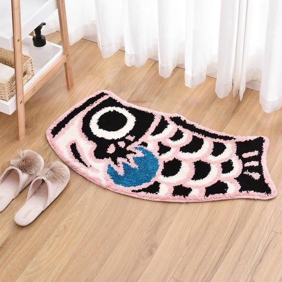 GFJASH-Cute Fish Bath Rug Mat Soft Non-Slip Bathroom Rug Japanese Style Koi Flag Floor Carpet for Shower Room, Water Absorbent Indoor Mats, Machine Washable 17.7"x33.4" (Black Pink)
