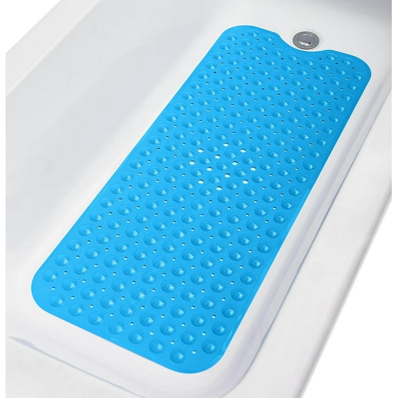 GFJASH-Extra-Long Non-Slip Bathtub & Shower Mat 39x16 (Smooth/Non-Textured Tubs Only) Safe, Clean, Machine-Washable, Superior Grip&Drainage, Vinyl, Opaque Light Blue