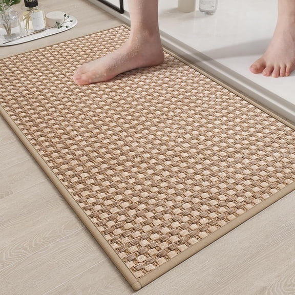 GFJASH-Non Slip Bath Mat Bathroom Rugs, Soft Braided Ultra Thin Bath Mats, Super Absorbent Quick Dry Bath Rug Shower Mat, Rubber Backing, Fit Under Door Bathroom Floor, Machine Washable, Brown 16"x24