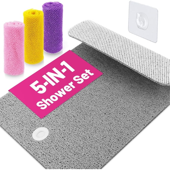 GFJASH-Value 5-Piece Set 1 Shower Mat Non Slip, 3 African Net Exfoliating Sponges, 1 Drying Hook for Bathroom, Bathtub & Showe