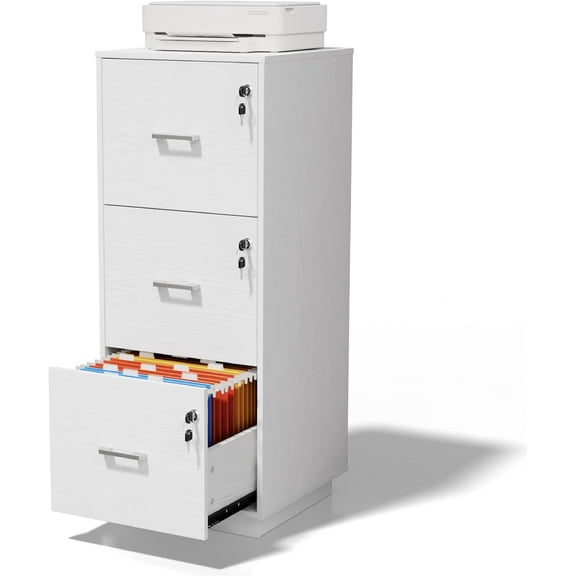 GFNXYI 3 Drawer File Cabinet with Lock, Home Office Filing Organizer, for Letter Size File Folder Storage, Wood Tall Vertical Filing Cabinet, Printer Stand, Archivador (White)