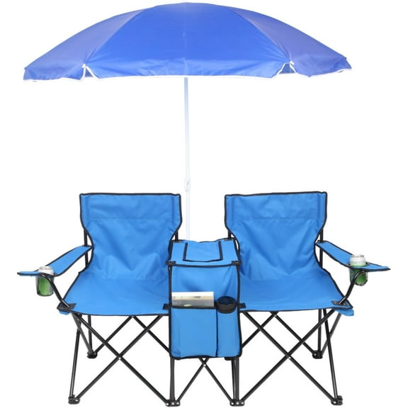 GFNXYI Folding Double Camping Chair w/Umbrella Beverage Holder Carrying Bag Cooler Fold Up Table, Large Bearing Capacity for Beach Patio Pool Park Outdoor Blue