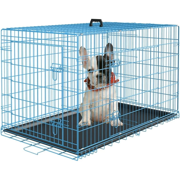 GFNXYI Large Dog Crate Kennel for Medium Large Dogs 24 inches Metal Dog Cage Double-Door Folding Travel Indoor Outdoor Puppy Playpen with Divider and Handle Plastic Tray,Blue