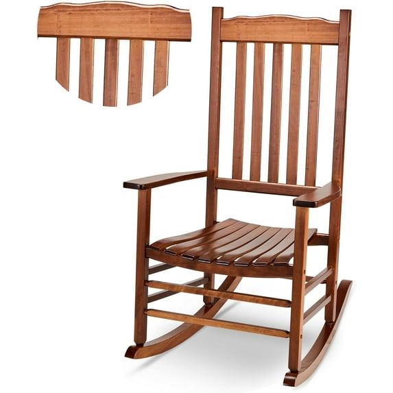 GFNXYI Outdoor Rocking Chair, Solid Wood High Back Rocker, All Weather Lounge Chair for Porch Patio Fire Pit Garden Backyard Deck Indoor, Wave Shape, Natural