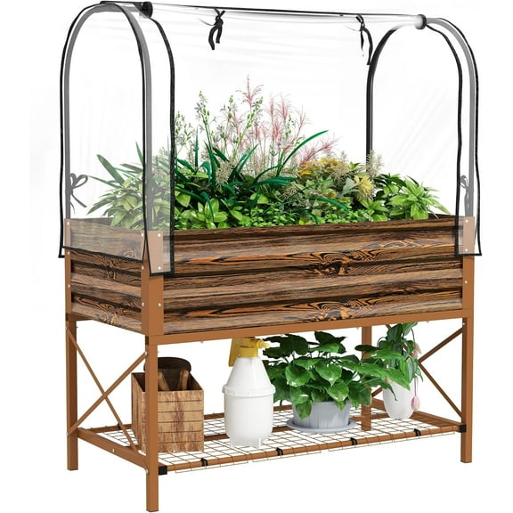 GFNXYI Raised Garden Bed with Cover and Storage Shelf, Rectangular Metal Elevated Planter Box with Legs and Bed Liner for Vegetables, Flowers, Herbs, Dark Brown