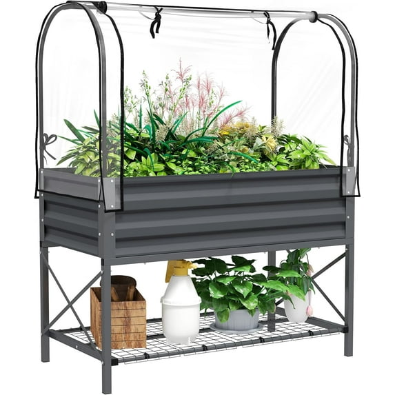 GFNXYI Raised Garden Bed with Cover and Storage Shelf, Rectangular Metal Elevated Planter Box with Legs and Bed Liner for Vegetables, Flowers, Herbs, Dark Gray