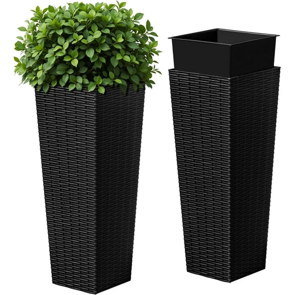 GFNXYI Resin Tall Planters for Outdoor Plants Set of 2, Large Taper Outdoor Planter Pots with 4 Drainage Holes, Flower Pots Modern Decor for Porch, Patio, Backyard, Home Garden (Black, 24")