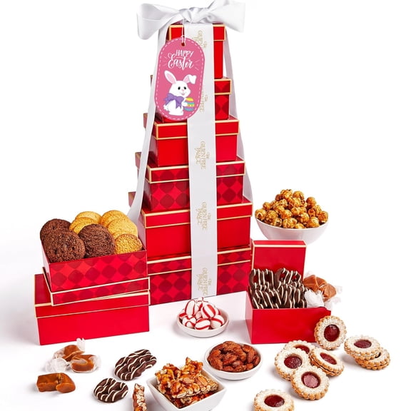 GFP 6-Tier Gluten Free Dessert Gift Basket Tower, Assorted Cookies, Peanut Brittle, Pretzels, Popcorn & Almonds, Kosher Snack Gift Set