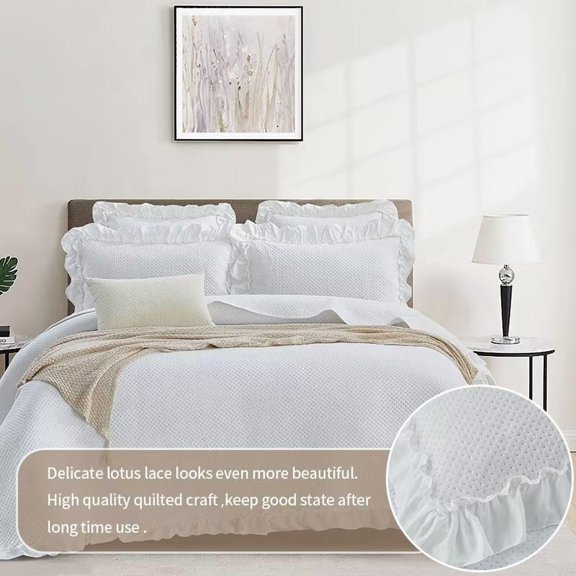 GFQ 3 Piece Ruffle Trim Waffle Weave Bedspread Set, Washed Cotton-Like Quilted Coverlet, Queen, White