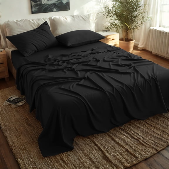 GFQ Bamboo Bed Sheet Set, Made Of Synthetic Silk, Soft And Cool, 4-piece Including Bed Sheet, 2Pillowcase, Deep Pocket Fitted Sheet, Black,Queen