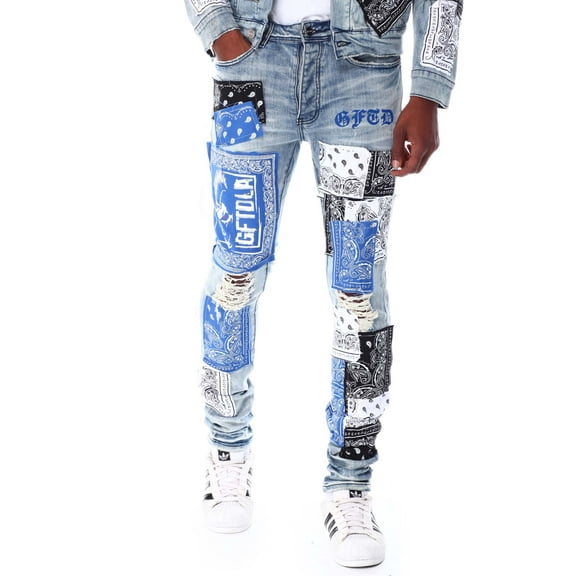 GFTD LA Los Angeles Men's Adrian Skinny Fit Paisley Panel Distress Ripped Jeans (38, Blue)