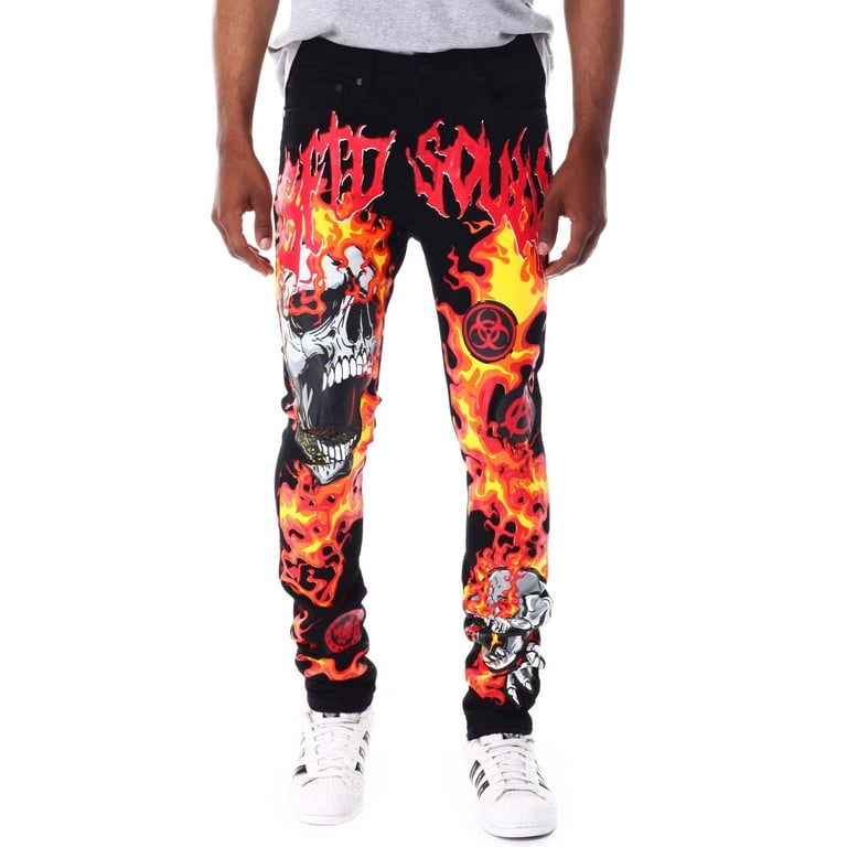 GFTD LA Los Angeles Men s Chrome Fur Skinny Fit Painted Fire Skull Distressed Jeans 36 Black Walmart