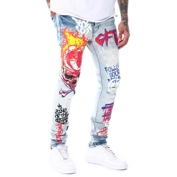GFTD LA Los Angeles Men's Iris Skinny Fit Painted Skull Distressed Ripped Jeans (36, Blue)