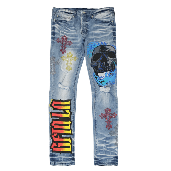 GFTD LA Los Angeles Men's Lonzo Skinny Fit Painted Skull Embellished Cross Jeans (34, Blue)