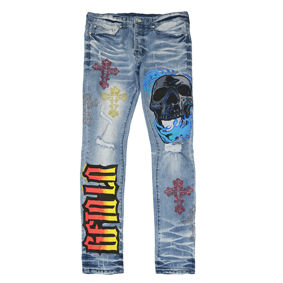 GFTD LA Los Angeles Men's Lonzo Skinny Fit Painted Skull Embellished Cross Jeans (34, Blue)