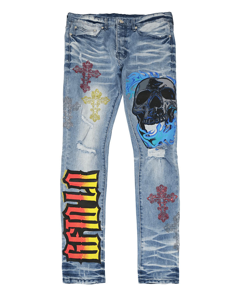 GFTD LA Los Angeles Men's Lonzo Skinny Fit Painted Skull Embellished Cross  Jeans (40, Blue)