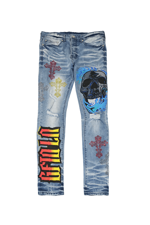 Los Angeles Men's Lonzo Skinny Fit Painted Skull Embellished Cross Jeans (42, Blue)