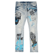 GFTD LA Los Angeles Men's Luke Skinny Fit Skull Patch Painted Distressed Jeans (36, Blue)