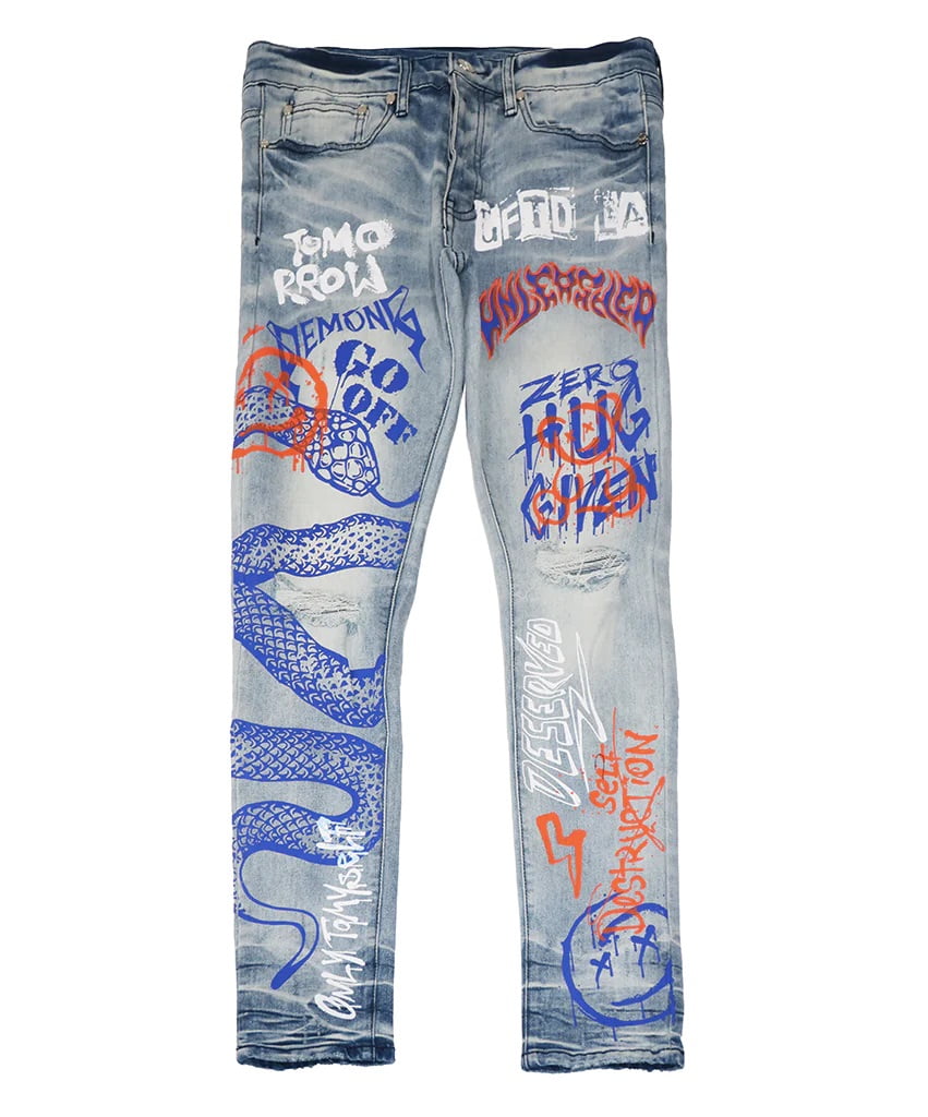 GFTD LA Los Angeles Men's SED Skinny Fit Painted Snake Distressed Rip Jeans  (36