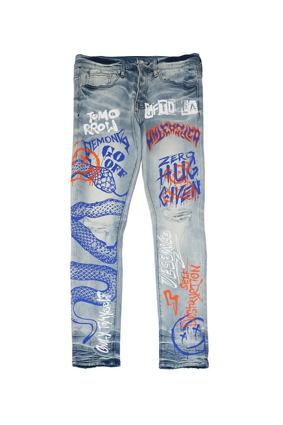 Los Angeles Men's SED Skinny Fit Painted Snake Distressed Rip Jeans (40, Blue)