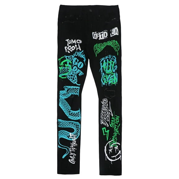 GFTD LA Los Angeles Men's SED Skinny Fit Painted Snake Distressed Rip Jeans (42, Black)