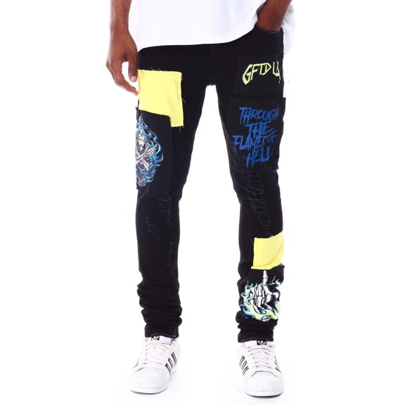 GFTD LA Los Angeles Men's Sage Skinny Fit Panel Patch Skull Distressed Rip Jeans (42, Black)