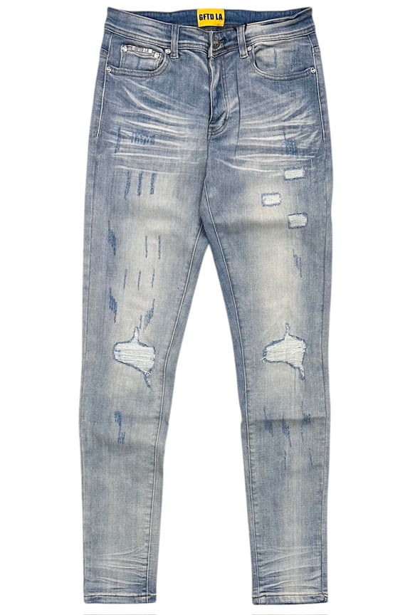 Los Angeles Men's Skinny Fit Jeans Aqua Distressed Rip & Repair Denim (29, Light Stonewashed)