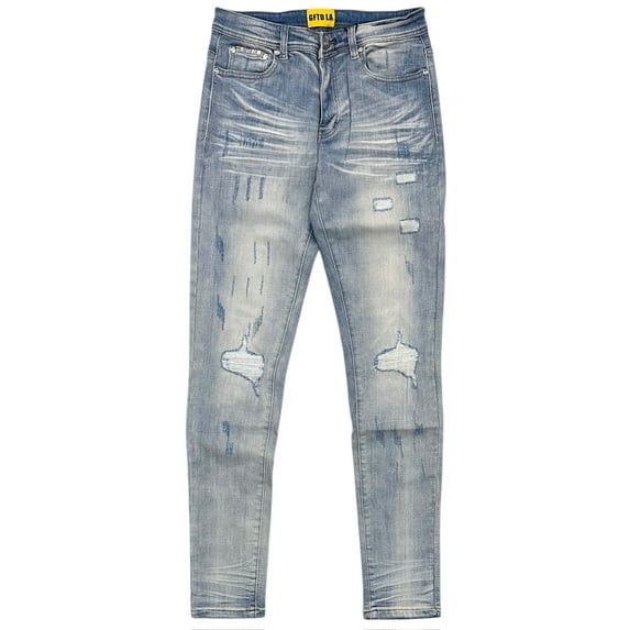 GFTD LA Los Angeles Men's Skinny Fit Jeans Aqua Distressed Rip & Repair Denim (29, Light Stonewashed)