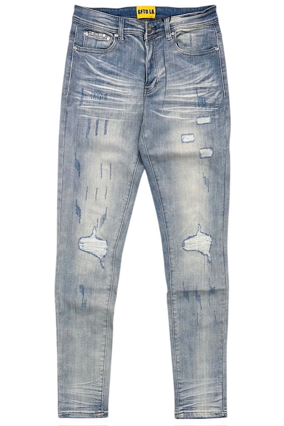 Los Angeles Men's Skinny Fit Jeans Aqua Distressed Rip & Repair Denim (30, Light Stonewashed)