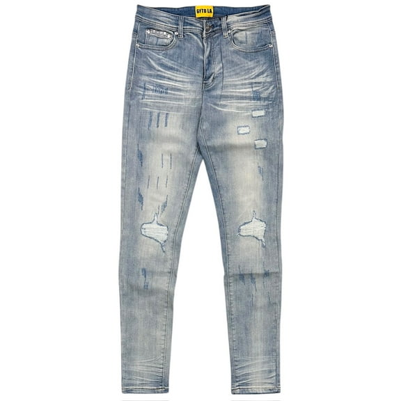 GFTD LA Los Angeles Men's Skinny Fit Jeans Aqua Distressed Rip & Repair Denim (38, Light Stonewashed)