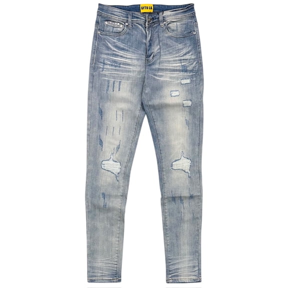 GFTD LA Los Angeles Men's Skinny Fit Jeans Aqua Distressed Rip & Repair Denim (42, Light Stonewashed)