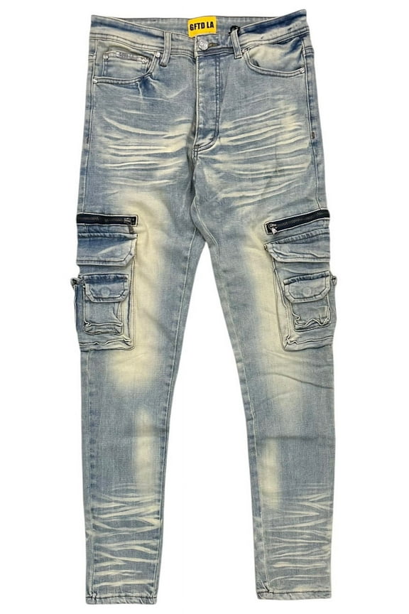 Los Angeles Men's Skinny Fit Jeans Magic Cargo Stretch Stonewash Denim (29, Light Stonewashed)