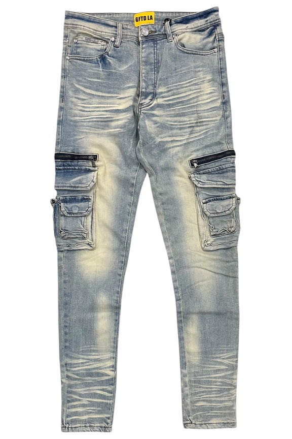 Los Angeles Men's Skinny Fit Jeans Magic Cargo Stretch Stonewash Denim (34, Light Stonewashed)